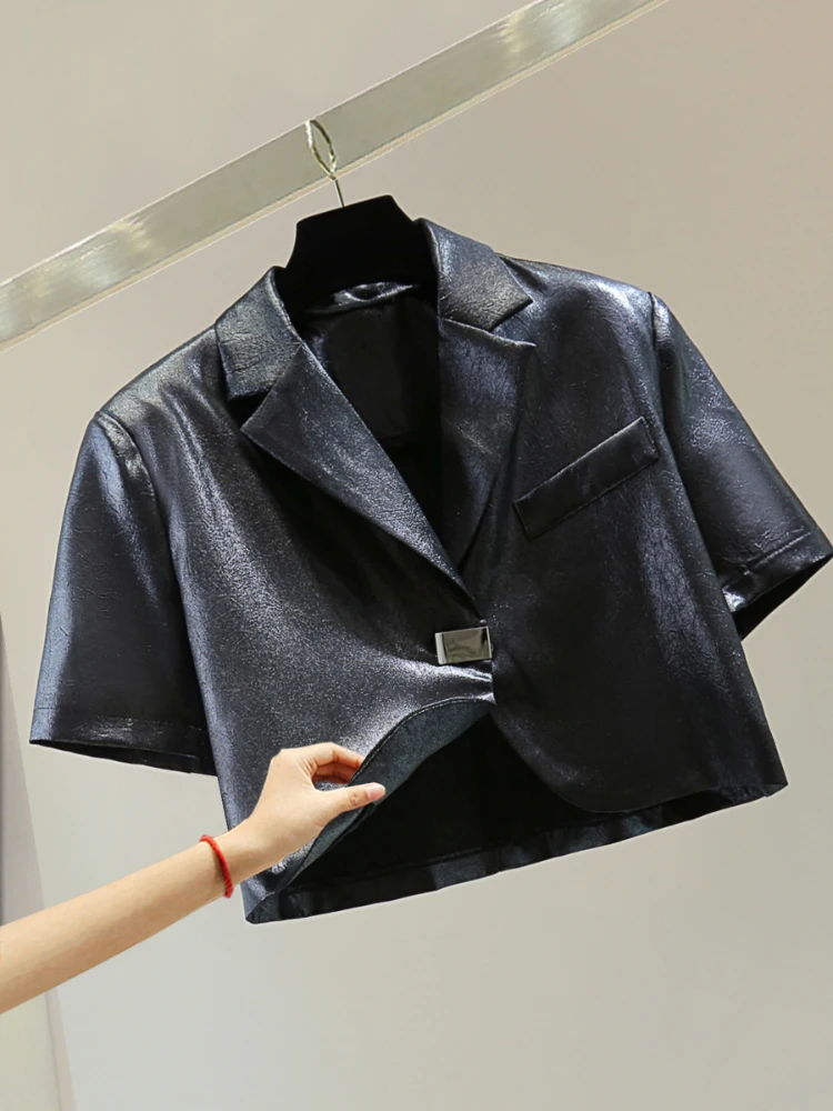 2024 Korean Style Bright Short-Sleeved Top Women's Summer High Quality Blazers High Waist Slim-Fit Casual Commuting Thin Jacket