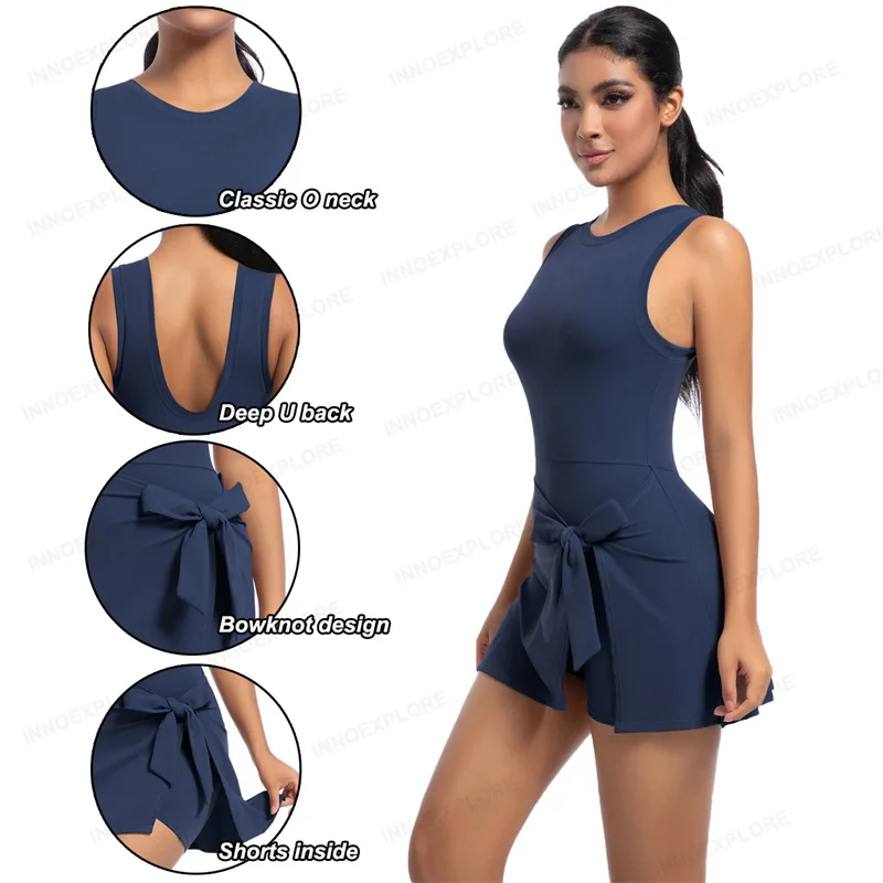 Women Dress Stretch Tennis Skirt Breathable Golf One Piece Dress With Shorts Nylon Badmintion Suit Women Yoga Fitness Gym Frock