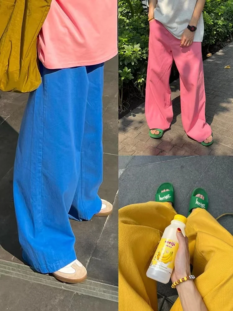 

2023 American Spring/Summer Colorful Wide Leg Jeans for Men Pink Blue Loose Straight Leg Casual Pants for Men Women streetwear