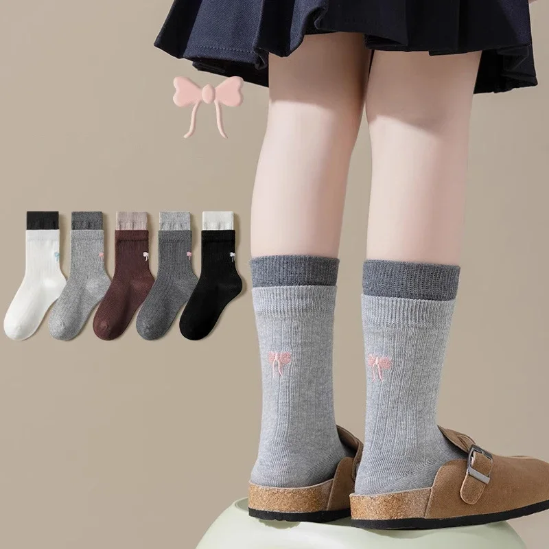 5Pairs Embroidery Bow Kids Socks Spring Autumn Children Middle Tube Socks 2-12Year Girl Calf Stockings Soft Cotton Baby Footwear