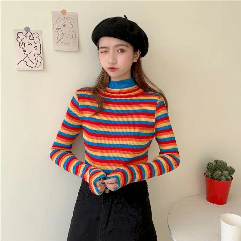 2024 Autumn And Winter New Style Sweater Korean Loose Rainbow Long Sleeve Student Striped Cropped Pull Over Sweater Women