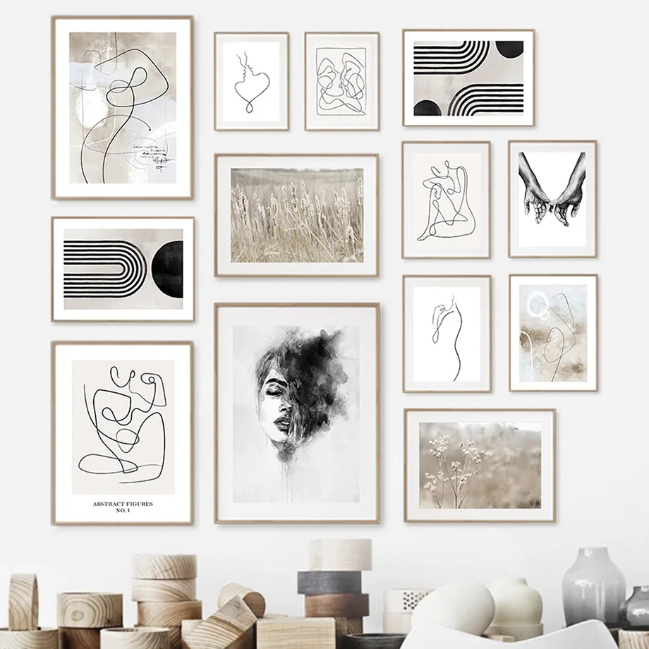 Minimalistische Linienkunst Wandbilder Schwarz-Weiß Abstrakte Figuren Geometrisches Weizenfeld Poster Neutrale Boho Heimdekoration für Schlafzimmer