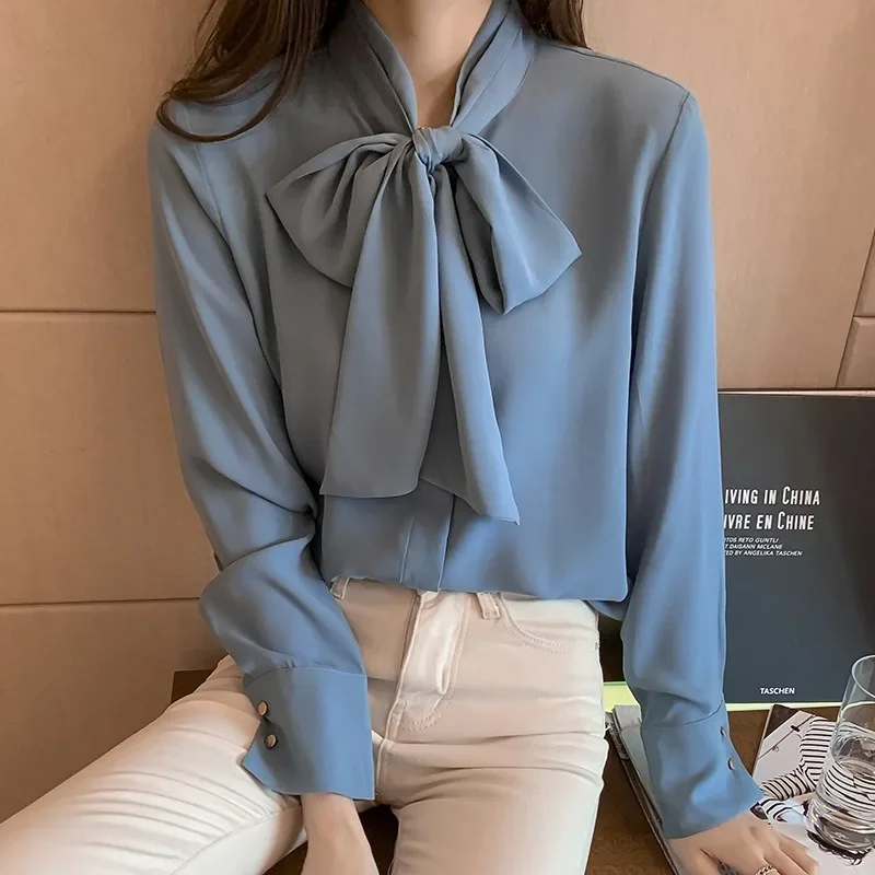 

Spring Autumn Simple Office Lady Blouse Female Shirt Bow Tops Long Sleeve Casual Korean OL Style Loose Blouses Women Chic Tunics