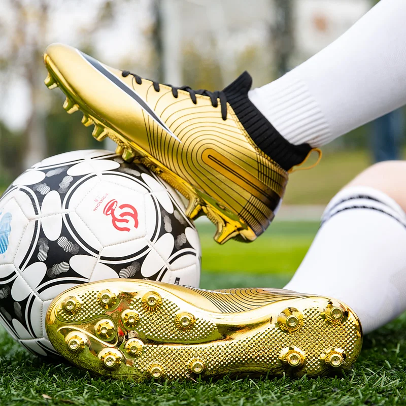 Gold Football Shoes Professional High Top Men Soccer Cleats Non Slip Artificial Grass Fast Sneakers Anti Skid AG/FG Chuteira