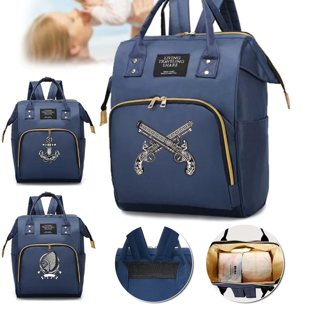 

Mommy Pack Skull Print Large Capacity Multifunctional Compartments Backpack Portable Casual Travel Storage Double Shoulder Bag