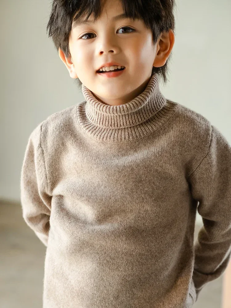 Children's Thick Pure Wool Turtleneck Pullover Boys Girls Kid 100% Australian Merino Heavy Sweater Teenager Tops Jumper Winter