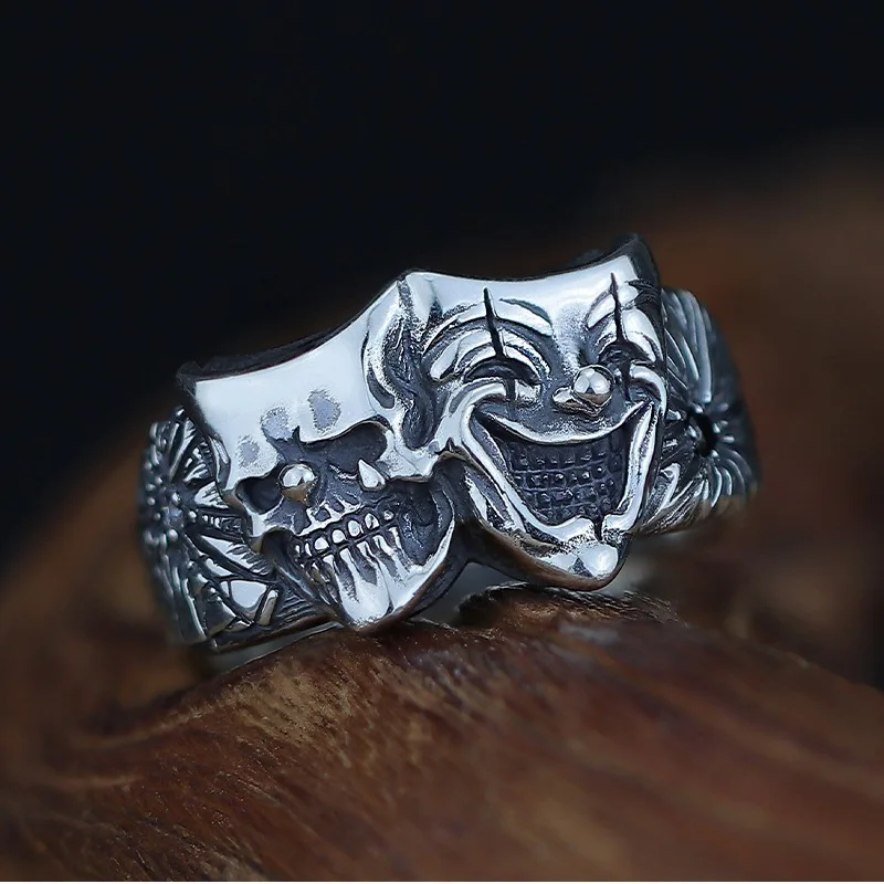 Retro Two Face Joker Ring For Men Silver Color Punk Gothic Adjustable Ring Rock Handmade Hiphop Unisex Biżuteria Akcesoria Prezent