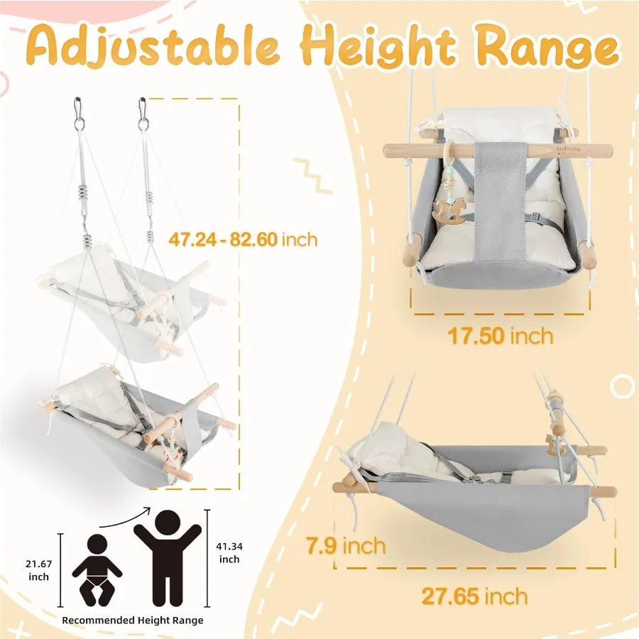 Indoor Outdoor Canvas Hammock Swing for Baby to Toddler with Comfortable Seat Macaroon Wooden Toy Adjustable 5 Point Harness 3