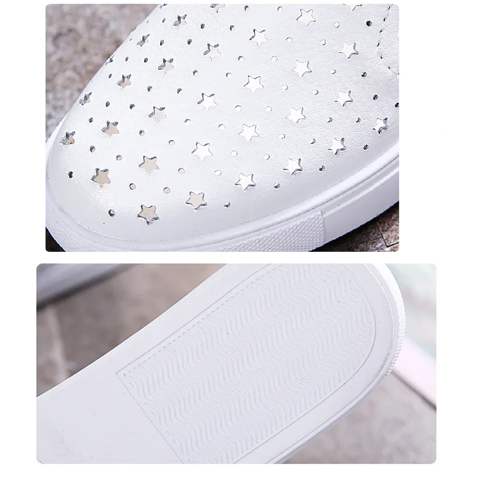 Spring Summer Silver Flats Hollow Out Women\'s White Loafer Split Leather Boat Shoes Comfy Ladies Best Flats For Standing All Day
