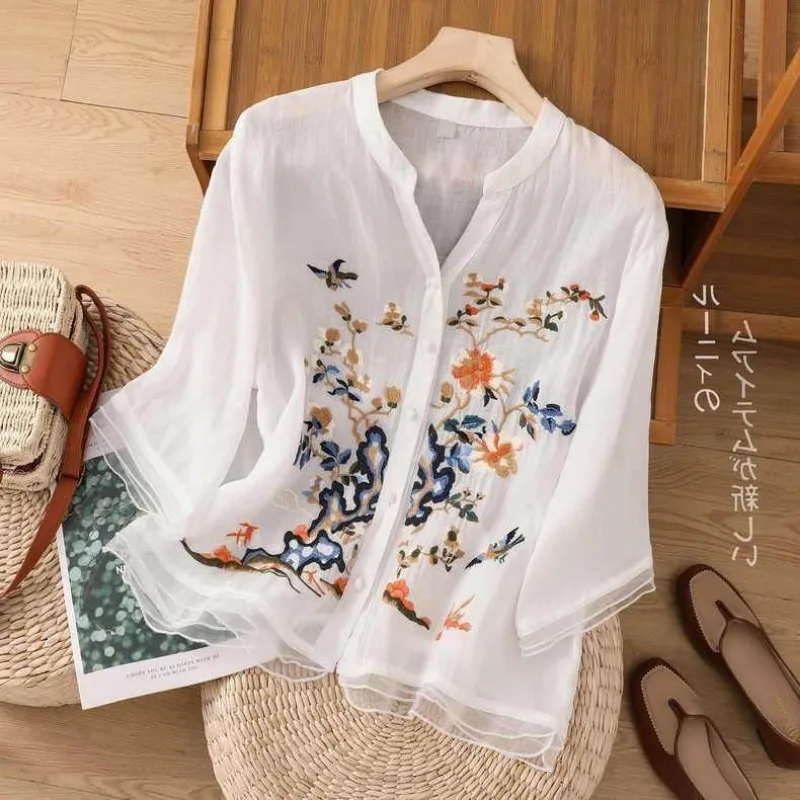 Kaus Vintage bordir mewah, pakaian wanita tren atasan kardigan kasual longgar mantel pendek kancing Patchwork musim panas blus