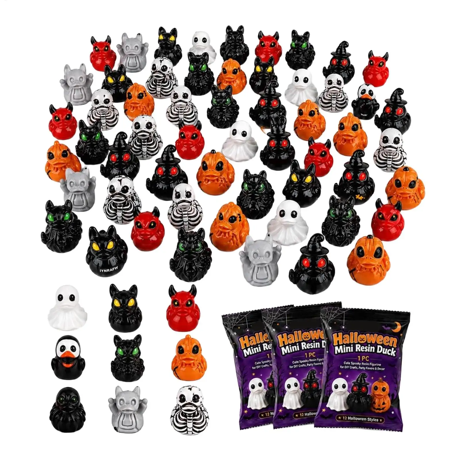 60Pcs Halloween Resin Duck Figurines Miniature Skeleton Devil Decor Crafts Party Favors Goodie Bag Fillers Landscape Ornaments