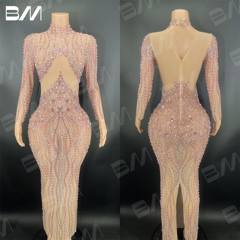 

Nude Pink Sexy Women Prom Dress With Pearls Rhinestones Back Slit Tulle Evening Gown High Neck Long Sleeve Singer Host Dress