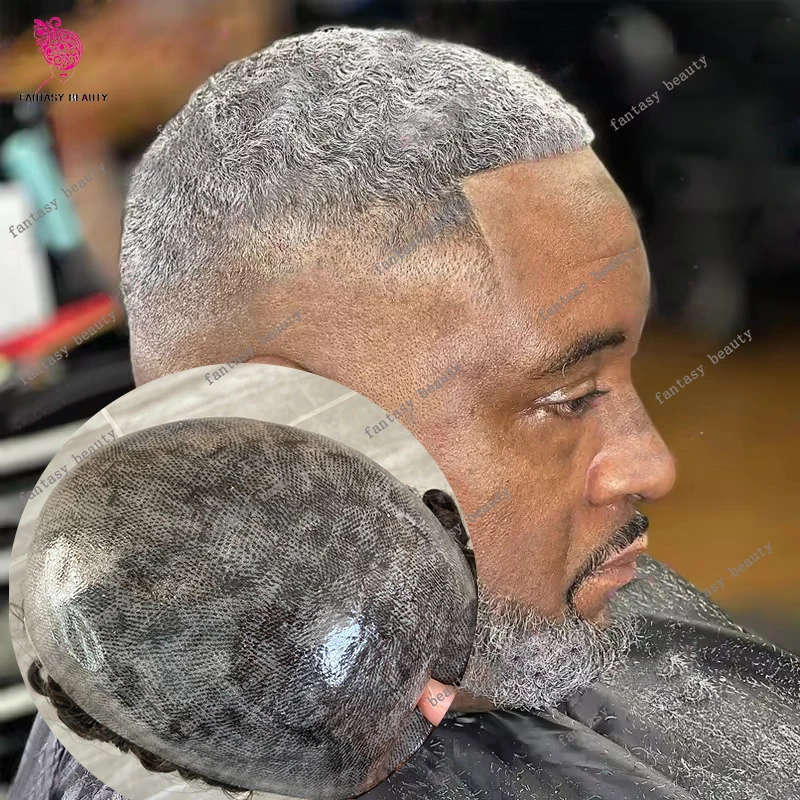 1b80 1b40 رمادي أسود 10 مللي متر الأفرو 360 موجات رجل الشعر المستعار 100% شعر الإنسان مجعد شعر مستعار أمريكي أفريقي دائم كامل بولي PU نظام الشعر البني