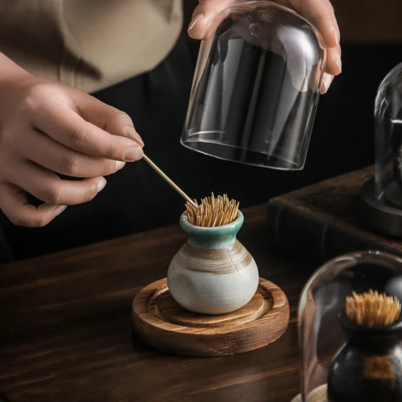 

Toothpick Box Wooden Tray, Glass Cover, Toothpick Holder, Dust Cover, Cotton Swab Box, Toothpick Jar, Storage Boxes, Organizer