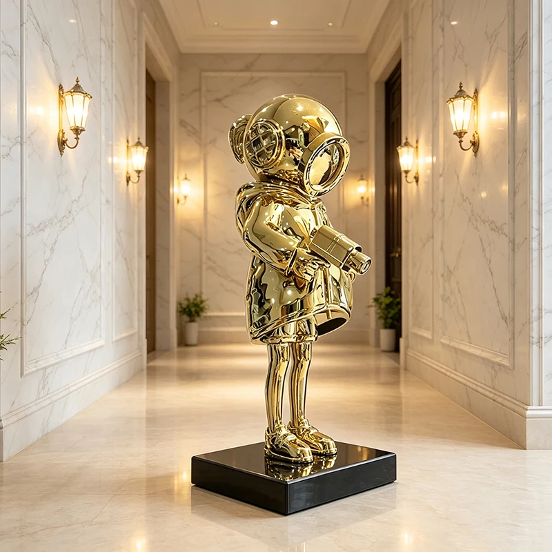 Electroplated Diver Boy Sculpture Resin Figurine Gold Silver Explorer Statue Luxury Desktop Ornament Living Room Home Decor Art