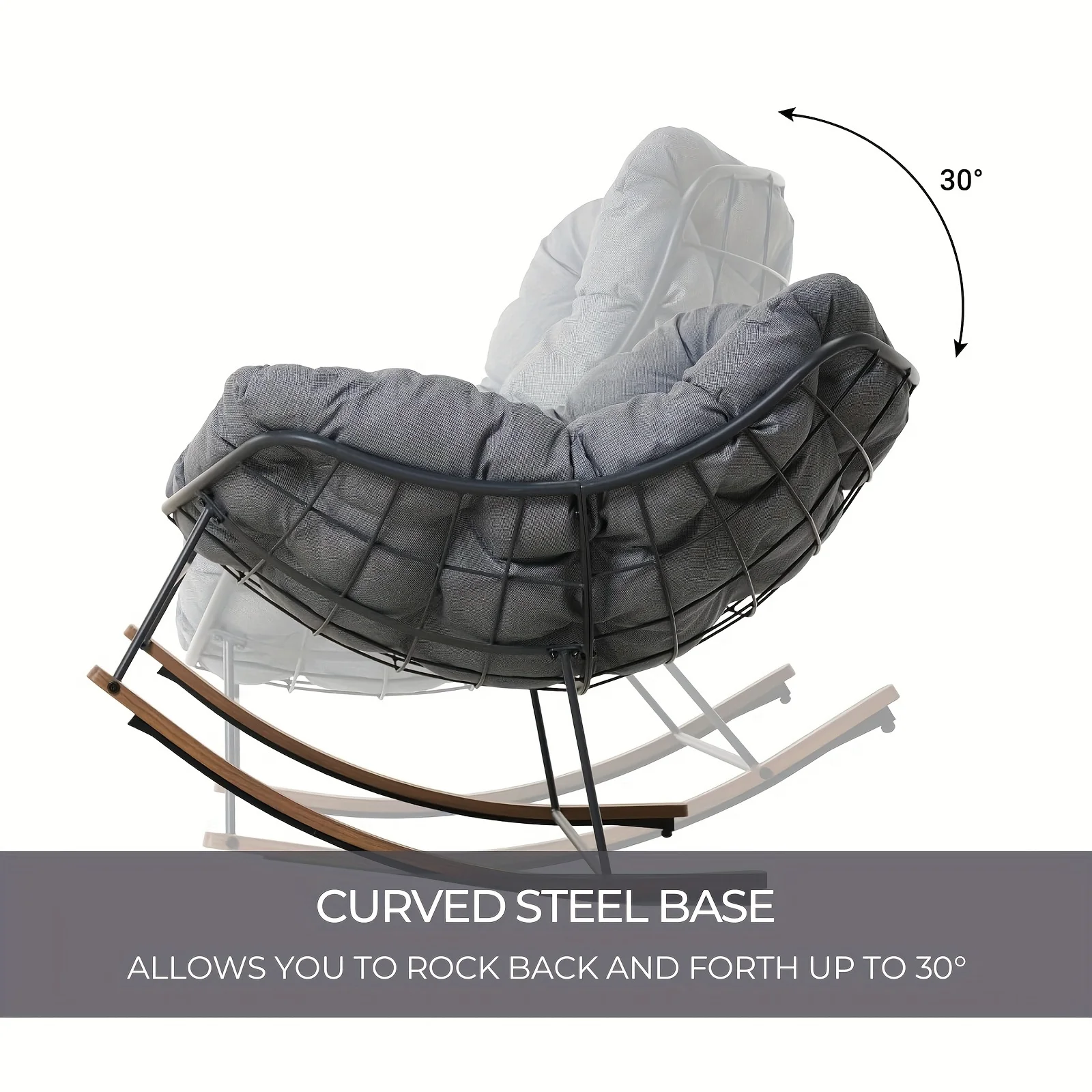 Grey outdoor Papasan rocking chair with seat cushion, electronically coated metal frame, UV resistant and waterproof, perfect fo