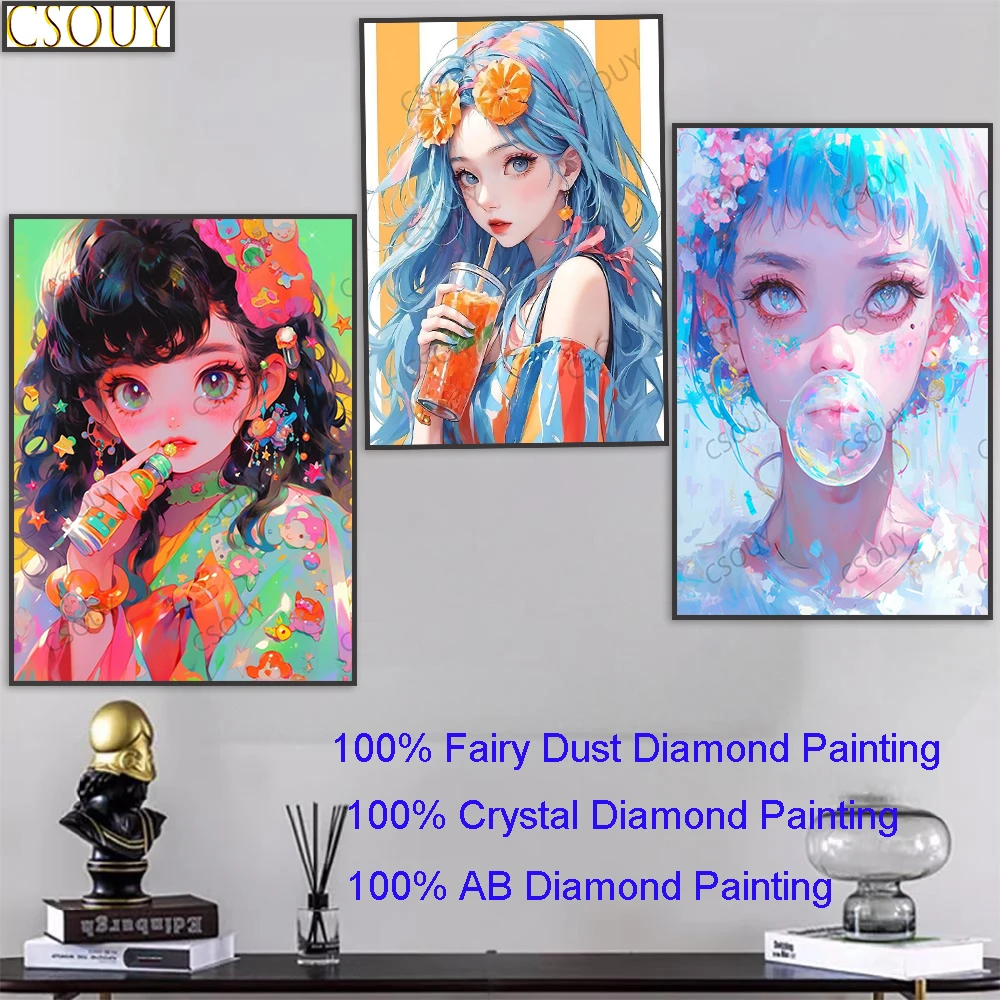 100% Fairy Dust Square Diy Diamond Painting Girl Drinking Milk Tea Cross Stitch Embroidery Mosaic Home Decor Needlework Crystal