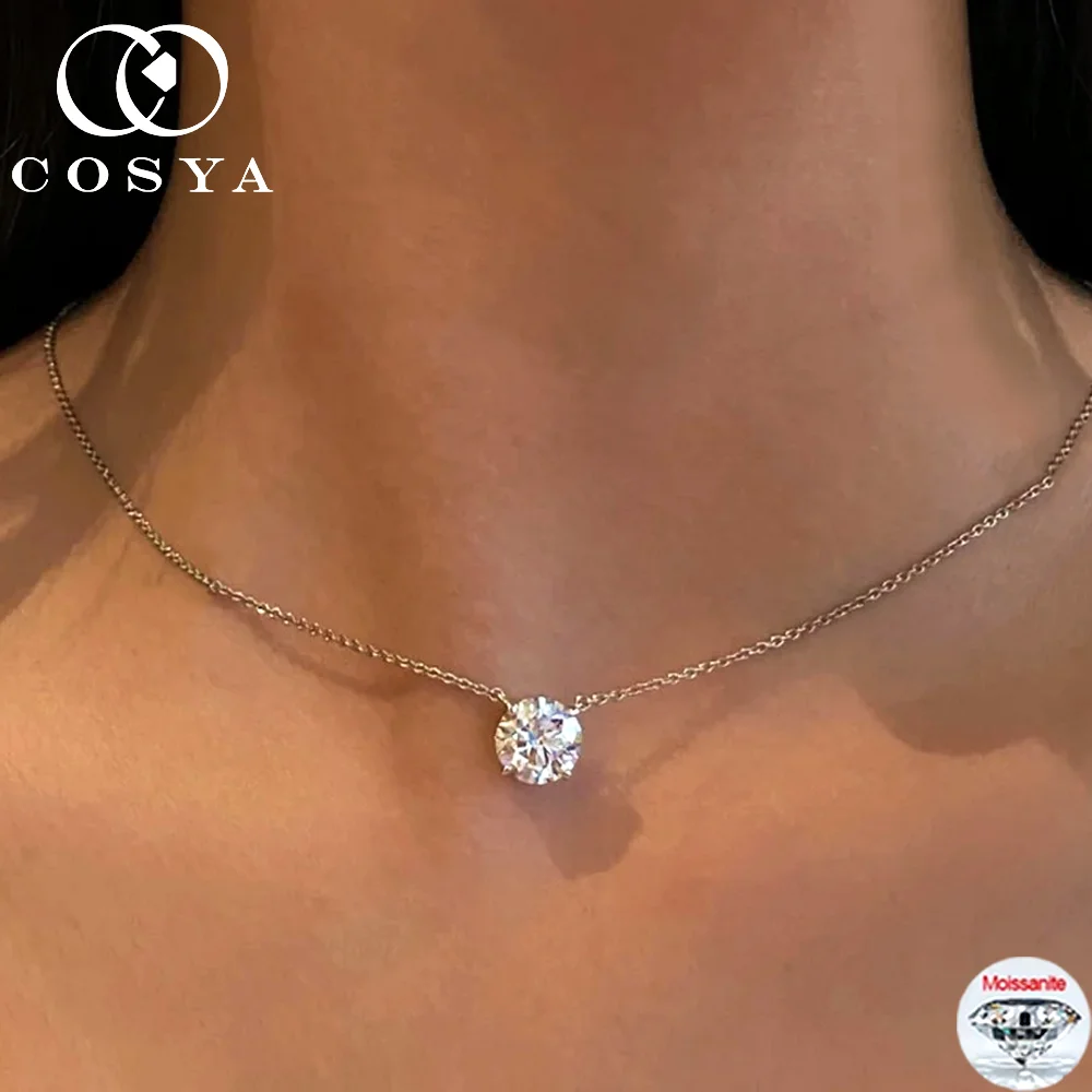 

Колье COSYA с круглым муассанитом 1-10 карат для женщин, серебро S925, сверкающий камень цвета D, VVS1, имитация бриллианта, изысканные ювелирные украшения для вечеринок, подарки