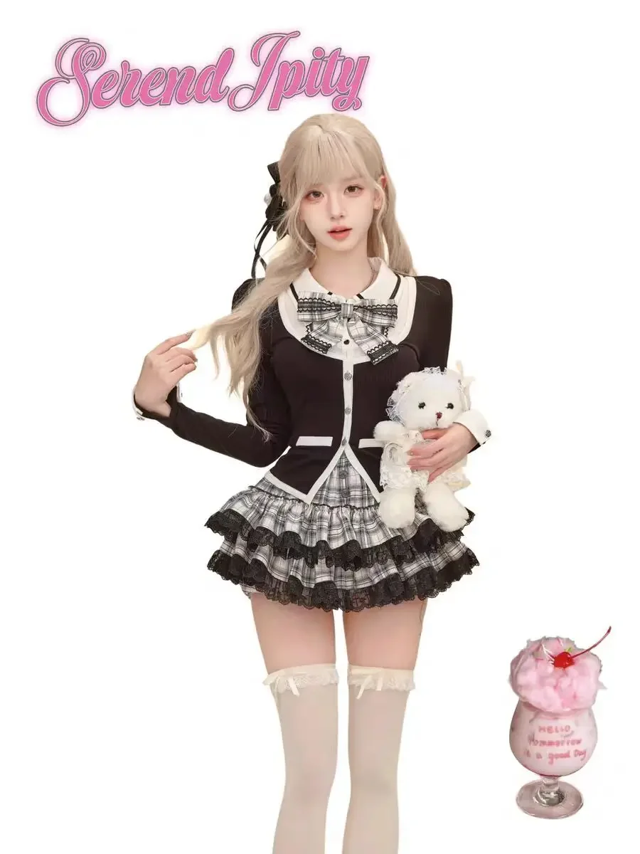 Gothic Y2k Women 2 Piece Sets Sweet Bow Long Sleeves Cardigan Coat Ruffles Plaid Mini Skirt Female Korean Fashion Lolita Outfits