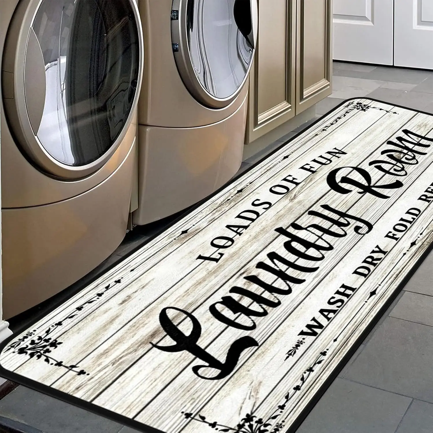 Rustic White Wood Laundry Room Rug - Loads of Fun Wash Dry Fold Runner Mat Farmhouse Kitchen Doormat - Indoor Non Slip Floor Rug