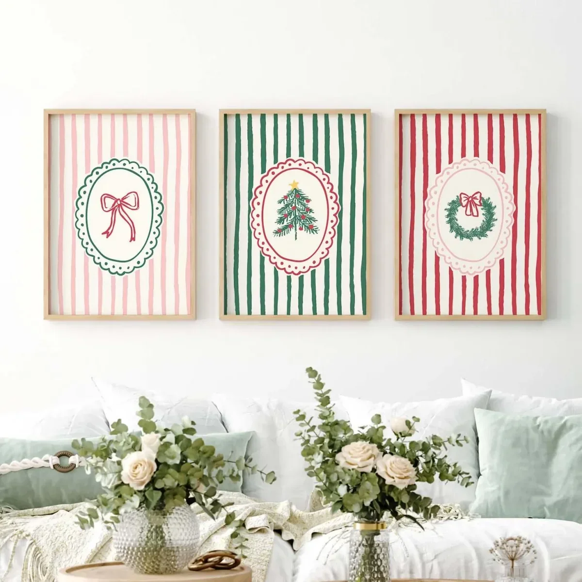 3pcs/set Christmas Tree Bowknot Wreath Stripe Canvas Print Poster Dopamine Colorful Art Prints Wall Art Home Decor Holiday Gifts