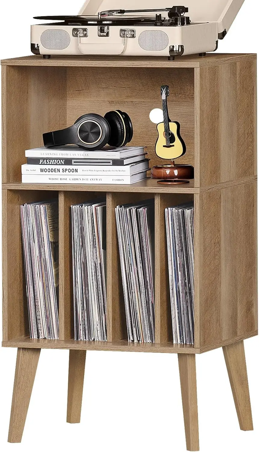 

Oak Turntable Stand Holds 160 Albums, Mid-Century Vinyl Storage Cabinet with Solid Wood Legs for Living Room