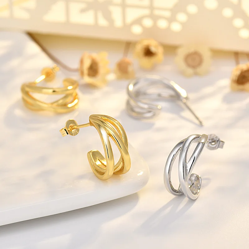 Fashionable Luxury S925 Silver Needle C- Shaped Earrings Women's Design Multi-Layer Line Studs Artistic Retro Style Jewelry
