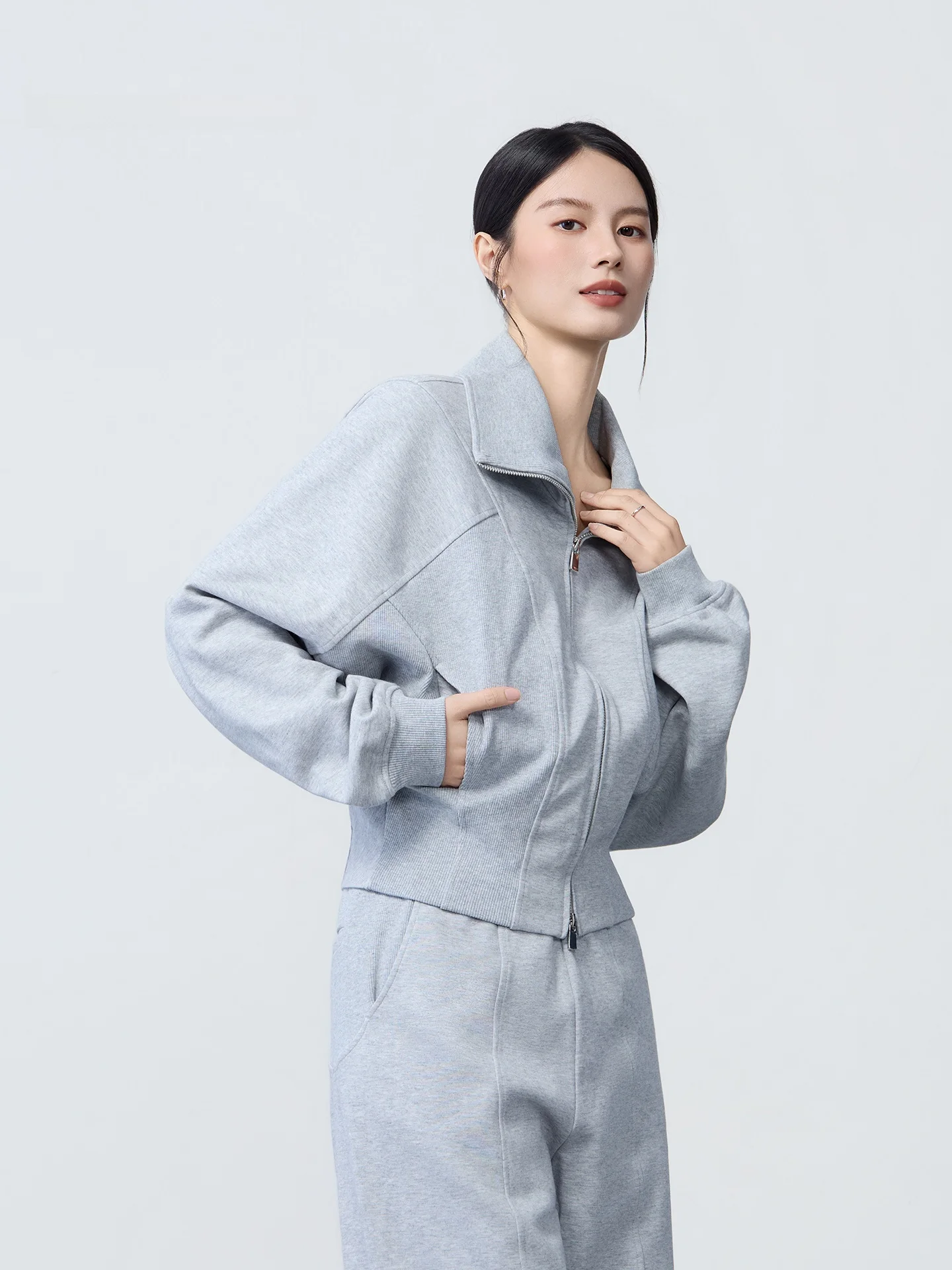 

Casual ey Stand Collar ort Jaet Women's Faion Versatile Outerwear Breathable Cotton Polyester Blend Long Sve Zippe...