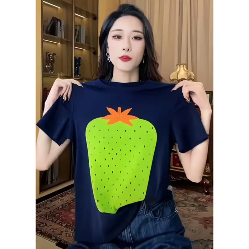 

Модный свободный топ с клубничным принтом, женская летняя новая женская одежда, универсальная футболка из чистого хлопка