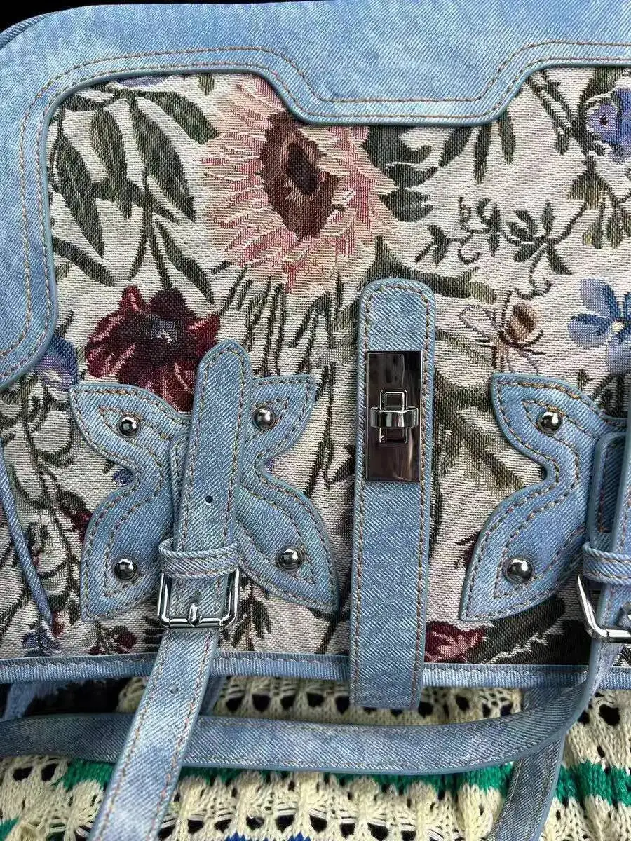 Bloom Vintage Denim Tote Handbag Women Floral Embroidery Large Capacity Casual Shoulder Bags Female Y2k Underarm Bag Chic