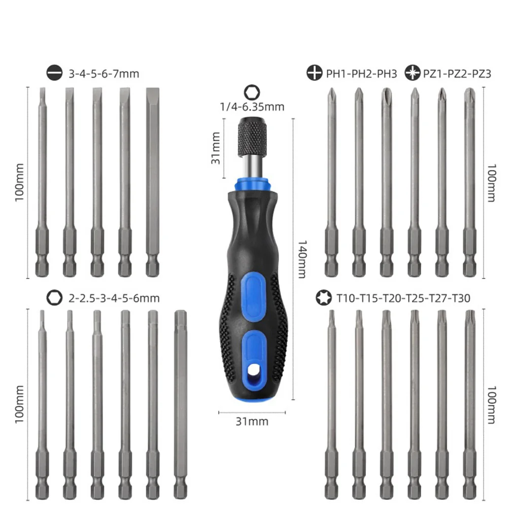 24pcs/set Lengthen Hex Handle Screwdriver Set Magnetic Security Head 1/4 Screwdriver Bits Kit Torxs Hex Cross Flat Hand Tools