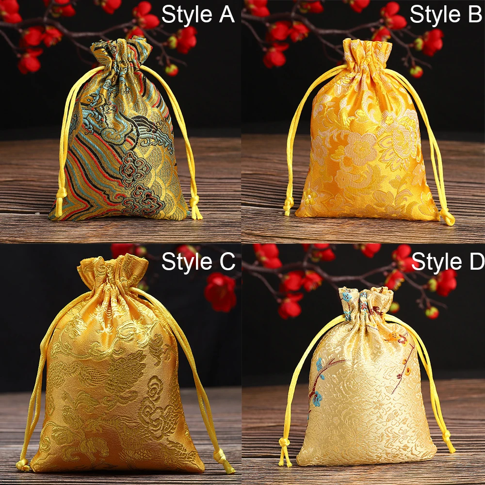 Satin Embroidered Vintage Storage Bag Christmas Drawstring Gift Bag Wedding Birthday Jewllery Packing