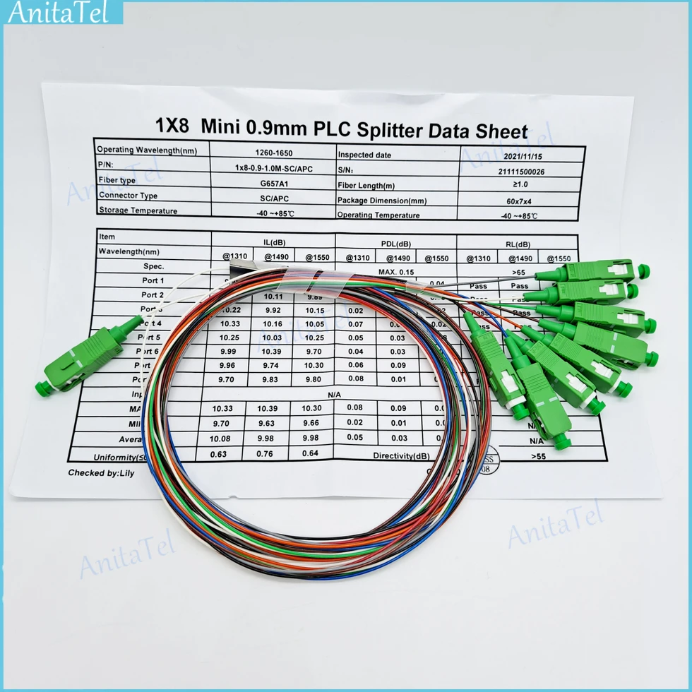 

20pcs SC/APC 1X8 PLC Splitter 0.9mm 1m Fiber Optic Splitter FTTH Optical Fiber Splitter 1*8 SC APC SM Single Mode White/Color