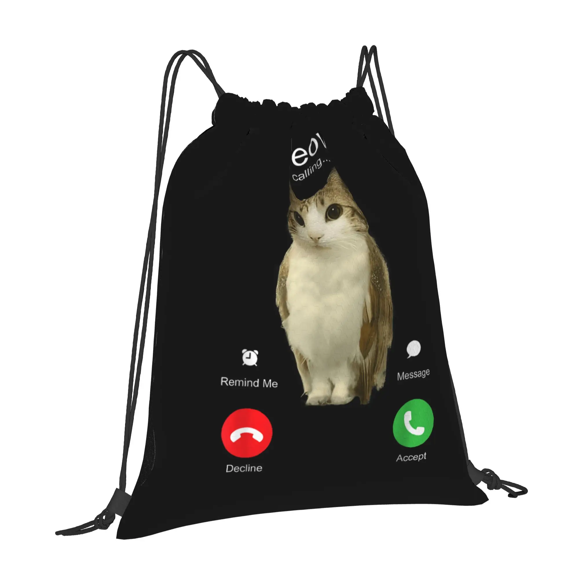 Meowl Cat Owl Meme Drawstring Backpack Sports Gym Sackpack Water Resistant  String Bag for Yoga