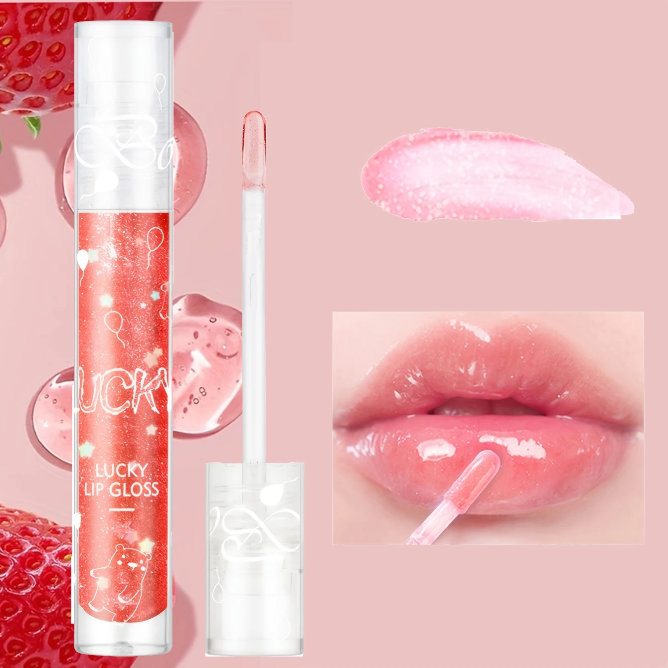 Strawberry Pink Pouty Lip Gloss, Translucent Lip Glaze With A Shimmering Pearl Glow