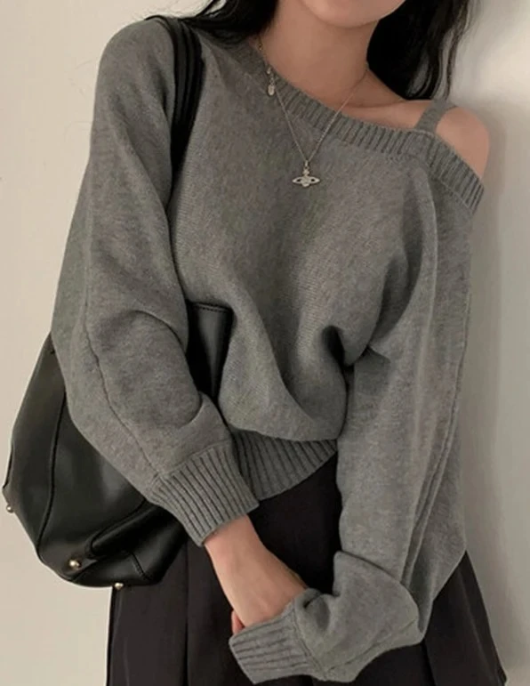 

Korean Early Autumn Irregular Design Bubble Sve Side oulder Bared Loose Pure Color Long Sve Knitted Sweater