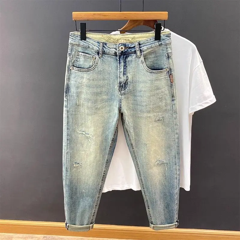 

Мужские джинсы Light Wa с пэчворком и прорезями, укороченные (9/10), весна-осень, новые, в стиле ретро, облегающие, повседневные, длинные брюки из хлопкового эластичного денима