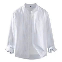 Camisa de lino para hombre, camisa blanca pura de manga larga con cuello levantado, Henley, suave, cómoda, Simple y delgada, primavera y verano, 2023