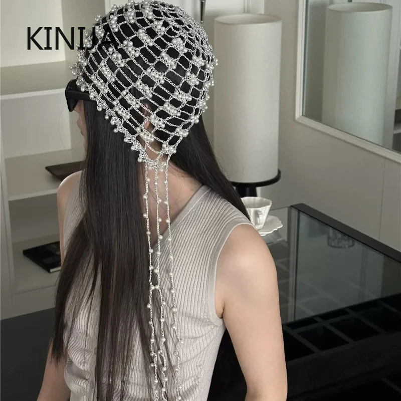 Elegant  Women Hollow Out Turban Beanie Cap Handmade Metal Chain Pearl Tassel Niche Stylish All Match Pullover Headscarf Hat