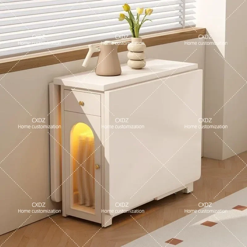 Cream Solid Wood Folding Dining Table and Chair Set Rectangular Rock Slab Top Mobile Storage Design for Small Apartment