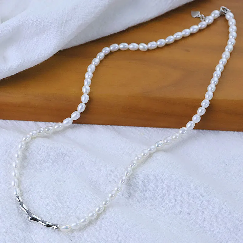 S925 Sterling Silver Natural Freshwater 3-5Mm Rice-Shaped Pearl Clavicle Chain Necklace Women