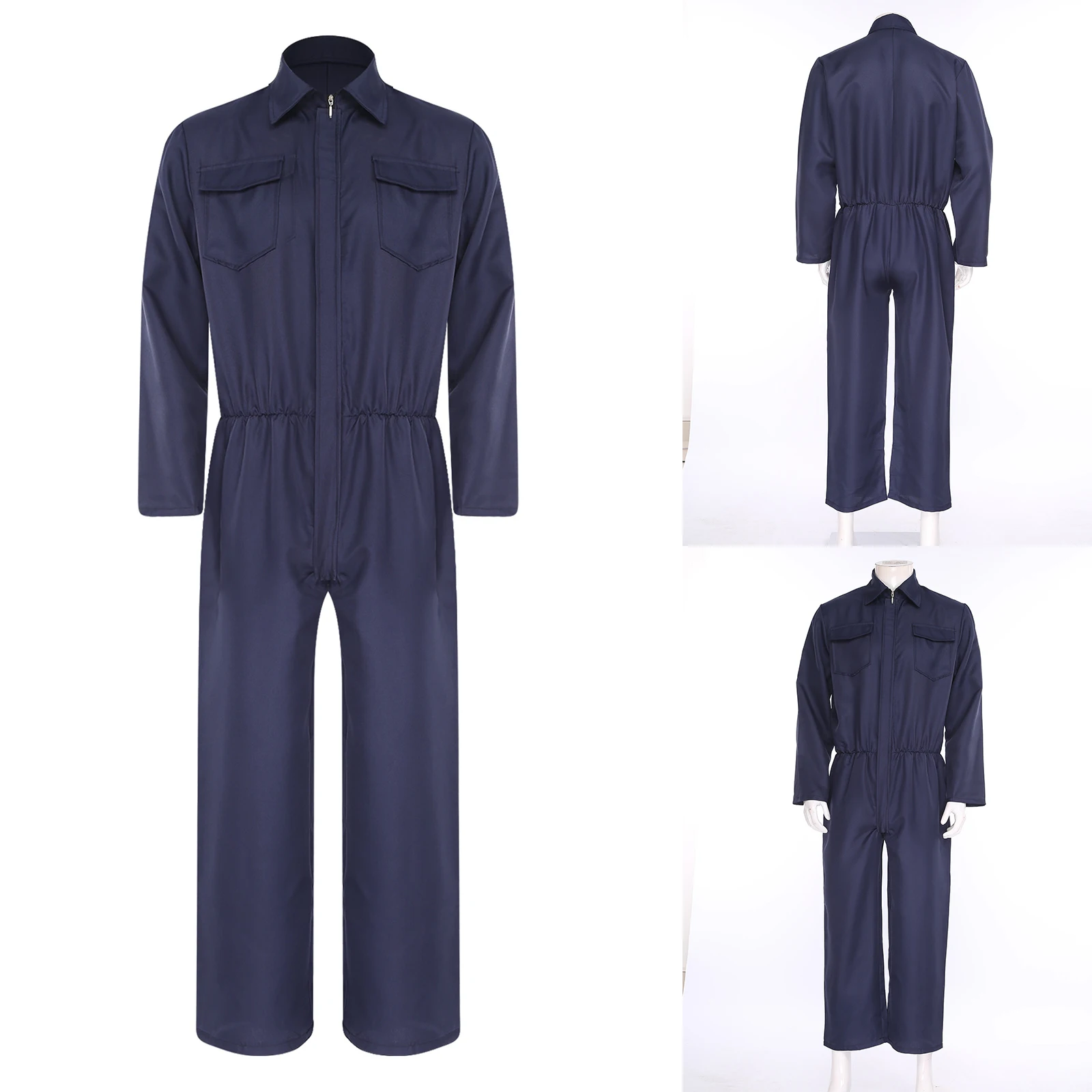مآزر للجنسين بدلة قفز باللون الأزرق الداكن بأكمام طويلة وجيوب رفرف الصدر من قطعة واحدة لأزياء العمل في المصنع #3
