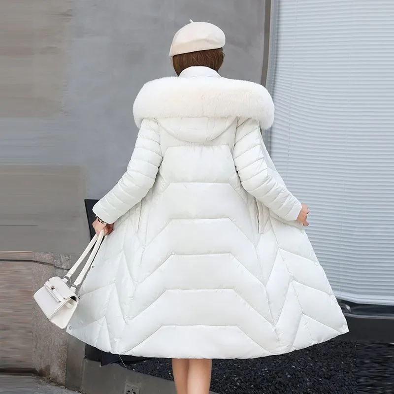 

2023 New Women Down Cotton Coat Winter Jacket Mid Length Version Parkas Slim Fit Thick Warm Outwear Hooded Fur Colla Overcoat