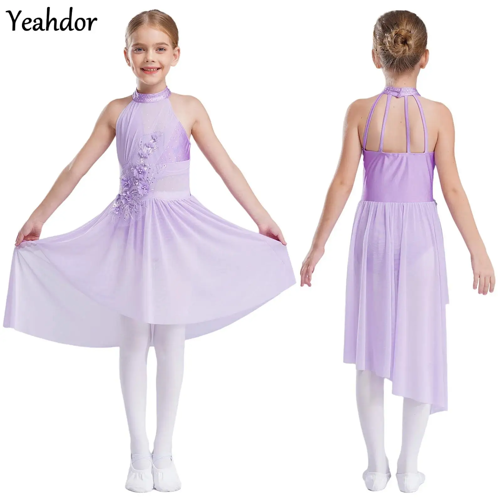 

Girls Ballet Lyrical Dance Dress Rhinestones Gymnastics Figure Skating Leotard Dress Sleeveless Irregular Applique Tulle Dress