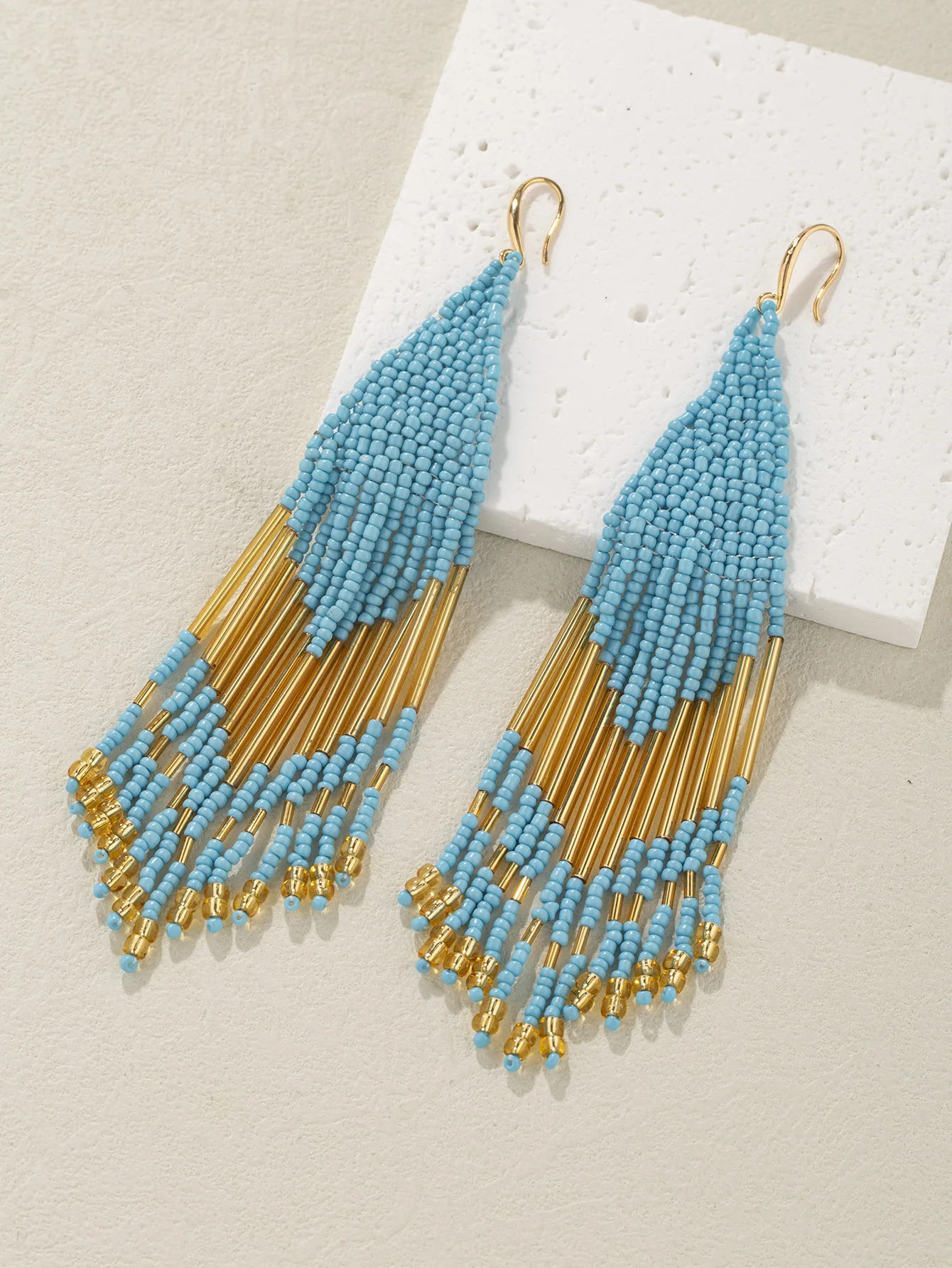 

1Pair of Bohemian Glass Beaded Blue and Gold Tassel Earrings