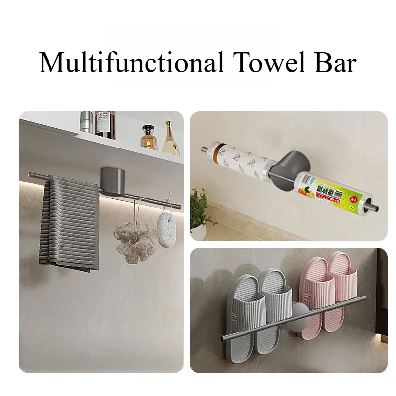 Towel Bars Pull-out Bathroom Black Towel Bar Rail Holder No-Drill Multifunctional Aluminum Alloy Rack Shelf  Space-Saving 60cm