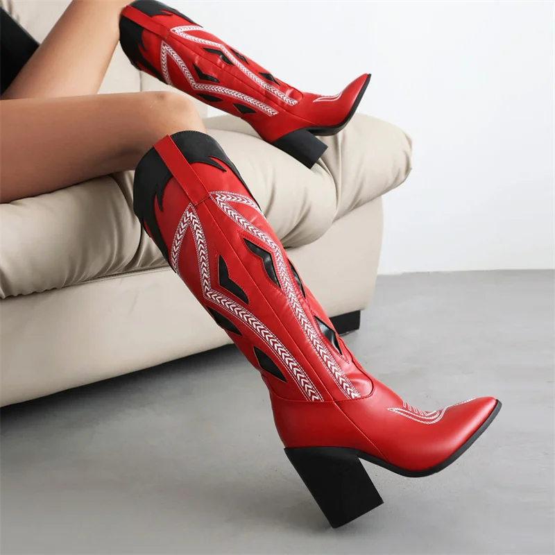 IPPEUM Women Cowboy Boots Western Knee High Block Heel Plus Size 43 Cowgirl Shoes