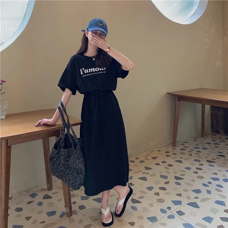 Sweet Loose Split Hem T Shirt Dress Summer New Short Sleeve Printing Letter Simplicity Midi Dress Fashion Casual Women Clothing