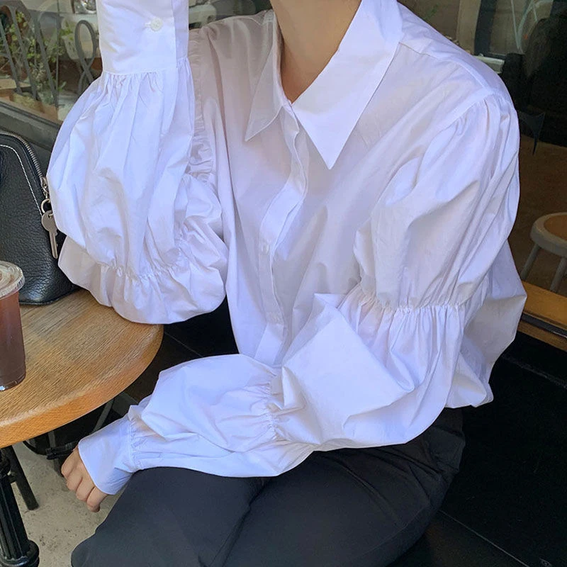 MEXZT Vintage White Shirts Women Puff Sleeve Folds Blouses Korean Streetwear Office Lady Elegant Solid Simple Loose Casual Tops