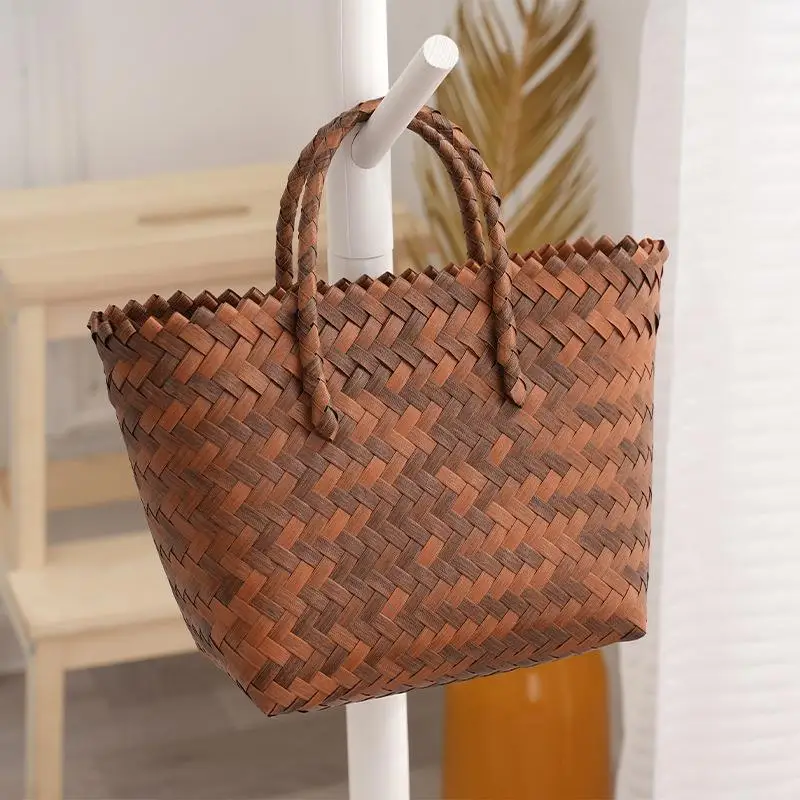 Summer Straw Bag For Women Handmade Rattan Basket Bag Retro Style Beach Bag Vintage Vegetable Totes Bag Purse Top-handle Bags